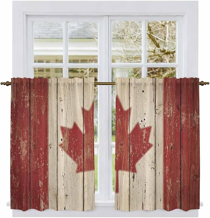 Canada Kitchen Curtains, Red Maple Leaf Flag Vintage Farmhouse Wooden Grain Light Filtering Window Curtain Panels, 2Pcs Rod Pocket Window Treatments Set for RV Dining Room Study Room 42x54 Inches