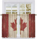 Canada Tier Curtains, Red Maple Leaf Flag Vintage Farmhouse Wooden Grain Light Filtering Kitchen Curtains, 2Pcs Rod Pocket Half Window Treatments Panels for Sink Cafe Cabinet Basement 27.5x45 Inches