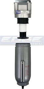 HEAVY DUTY INDUSTRIAL RATED HIGH FLOW PARTICULATE FILTER, IN-LINE WATER TRAP FOR COMPRESSED AIR LINE SYSTEMS, 5 MICRON WITH METAL BOWL AND AUTO DRAIN (1" NPT, 11oz)