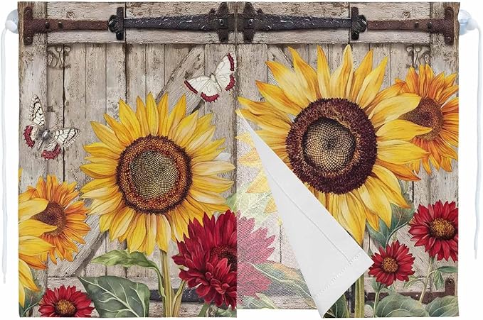 Sunflowers Magnetic Double Layer Car Window Shades,Side Window Curtains for Blackout/Breathable Mesh View,Retro Flower Barn Doors Butterfly Farmhouse Brown Heat Protection Sun Shades 26x20in 1pcs