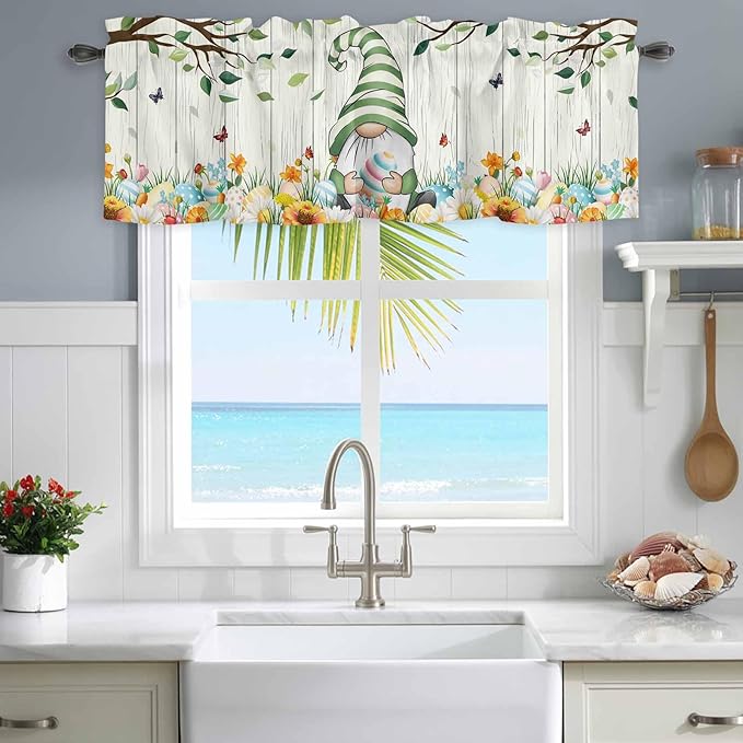 Easter Gnomes Curtain Valances for Windows, Kitchen Valance Window Treatment, Spring Watercolor Eggs Flower Wood Grain Light Filtering Block Curtains for Bathroom/Bedroom/Living Room 54'' x 18''