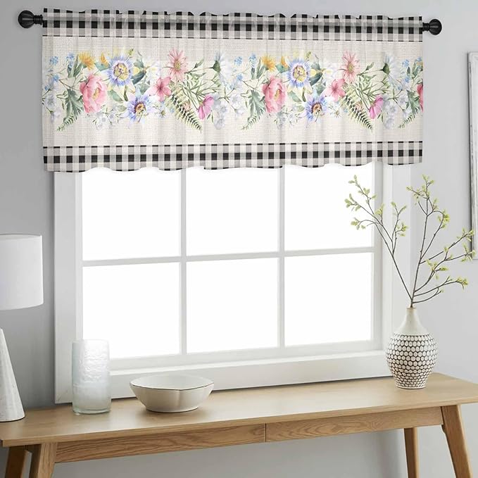 Blue Pink Floral Sheer Valance Curtains, Spring Summer Botanical Linen Black Plaid Light Filtering Kitchen Valances Rod Pocket Voile Curtain Window Treatment for Bedroom/Living Room/Basement 42Wx12L