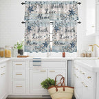 Kitchen Curtains Tiers and Valance Set of 3, Vintage Farmhouse Light Filtering Window Curtain Set, Blue Country Texas Star Vines Wooden Rod Pocket Curtain Drapes for Cafe, Living Room, 36 Inches Tiers