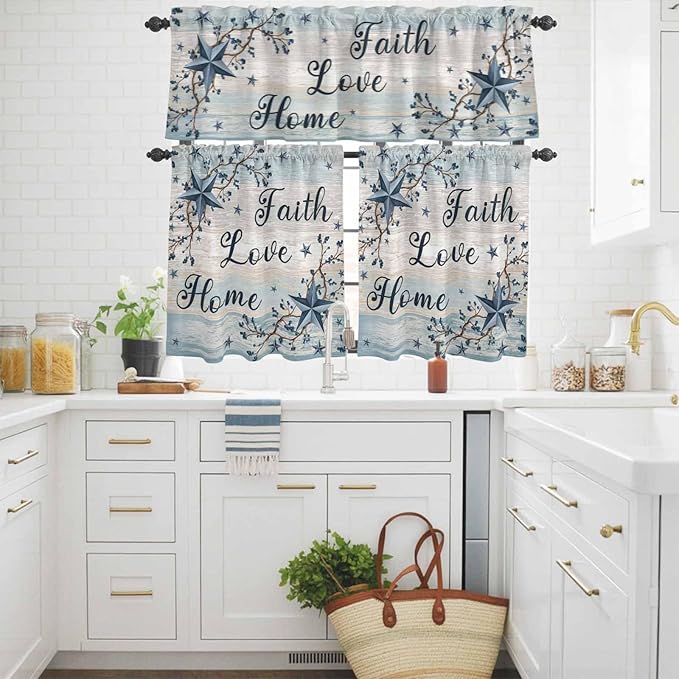 Kitchen Curtains Tiers and Valance Set of 3, Vintage Farmhouse Light Filtering Window Curtain Set, Blue Country Texas Star Vines Wooden Rod Pocket Curtain Drapes for Cafe, Living Room, 24 Inches Tiers