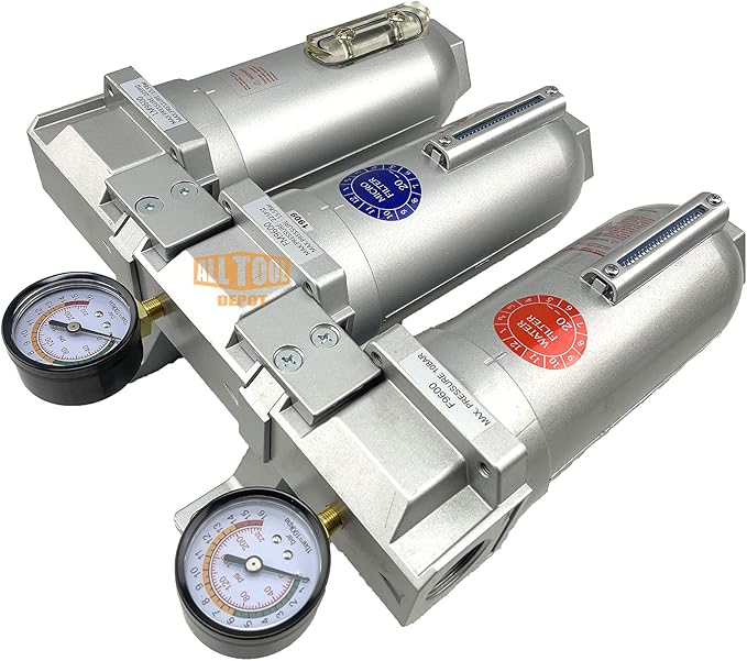 1" NPT SUPER DUTY Industrial Grade 3 Stages Filter Coalescing Desiccant Dryer System For Compressed Air Lines, Metal Bowls, Great For Paint Spray And Plasma Cutter (MANUAL DRAIN)