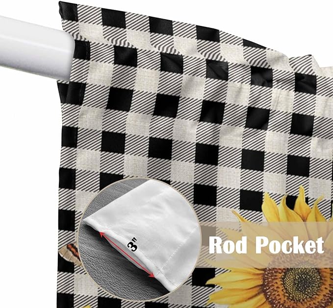 Sunflowers Swag Valances for Windows, Yellow Flowers Butterfly Farmhouse Black Plaid Rod Pocket Kitchen Curtains Valance, Kitchen Window Curtains Swag for Cafe Living Room, 2 Panels, 36x45 inch