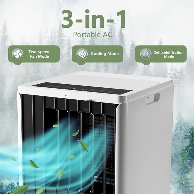 Portable AC Unit with 8000 BTU Cooling, Remote Control & 24-Hour Programmable Timer, Low-Noise Design for Rooms Up to 350 Sq.Ft, Ideal for Dorm or Office Use, Black and White Design