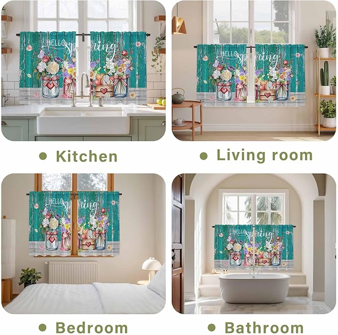 Spring Flowers Kitchen Curtains, Farmhouse Watercolor Teal Wood Grain Light Filtering Window Curtain Panels, 2Pcs Rod Pocket Window Treatments Set for RV Dining Room Study Room 42x45 Inches
