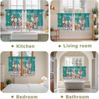 Spring Flowers Tier Curtains, Farmhouse Watercolor Teal Wood Grain Light Filtering Kitchen Curtains, 2Pcs Rod Pocket Half Window Treatments Panels for Sink Cafe Cabinet Basement 27.5x45 Inches
