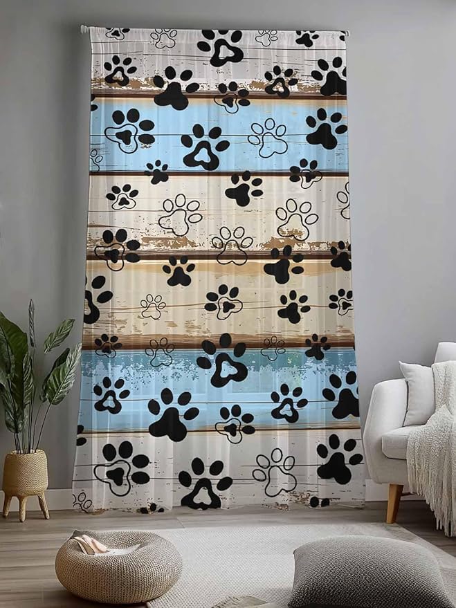 Sheer Curtains 96 Inches Long, Blue Brown Paw Prints Semi Sheer Curtains Light Filtering Window Treatment, Vintage Farmhouse Rustic Wooden Grain Privacy Voile Drapes for Living Room Bedroom 52x96 Inch