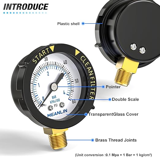 MEANLIN MEASURE 0~60Psi Plastic Frame 1/4" NPT Start and Clean Filter Pressure Gauge, Suitable for Swimming Pool, Spa, Aquarium (0-60Psi/0-4BAR/KIT, Lower Mount)