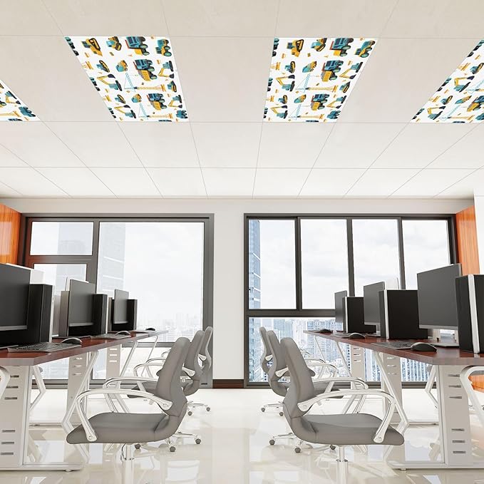 4 Pcs Fluorescent Light Covers for Ceiling Lights Seamless Construction Vehicles Cranes Excavators Trucks Bulldozers Decorative Magnets Light Filters for Office Home Classroom Must Haves 4’ x 2’