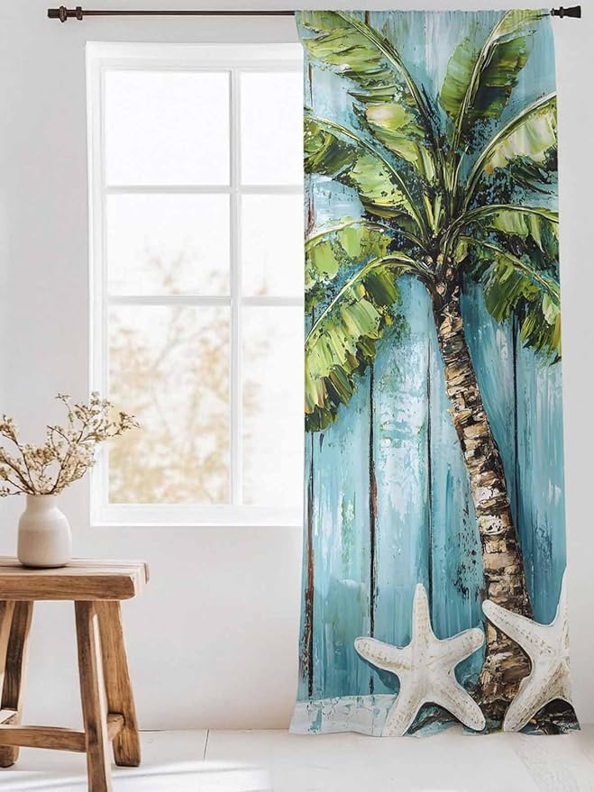 Sheer Curtains 84 Inches Long, Coastal Beach Starfish Semi Sheer Curtains Light Filtering Window Treatment, Blue Green Tropical Palm Tree Wood Grain Privacy Voile Drapes for Living Room 52x84 Inch