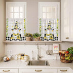 Lemon Gnomes Kitchen Curtains Set 3 Piece for Windows, Rod Pocket Valance and Tier Set 36 Inch Length, Summer Botanical Fruit Wooden Grain Plaid Light Filtering Cafe Curtains for Living Room Bathroom