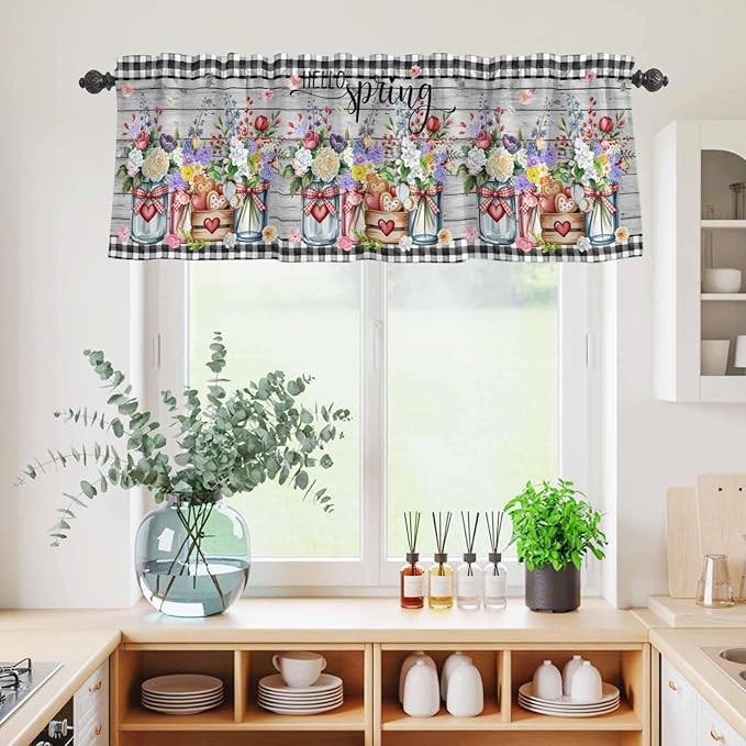 Spring Flowers Kitchen Curtains Set 3 Piece for Windows, Rod Pocket Valance and Tier Set 36 Inch Length, Farmhouse Black Plaid Wood Grain Light Filtering Cafe Curtains for Living Room Bathroom