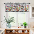 Spring Flowers Kitchen Curtains Set 3 Piece for Windows, Rod Pocket Valance and Tier Set 36 Inch Length, Farmhouse Black Plaid Wood Grain Light Filtering Cafe Curtains for Living Room Bathroom
