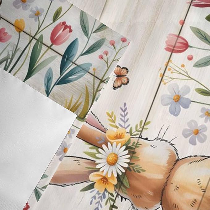 Easter Curtain Valances for Windows, Kitchen Valance Window Treatment, Spring Bunny Butterfly Botanical Wooden Grain Light Filtering Block Curtains for Bathroom/Bedroom/Living Room 60'' x 18''