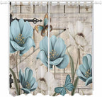 Teal Blue Tulips Living Room Curtains 96 Inch Length, Window Curtains Tab Top, Spring Floral Barn Doors Vintage Wood Beige Light Filtering Window Treatments Drapes 52"x96" 2 Panel