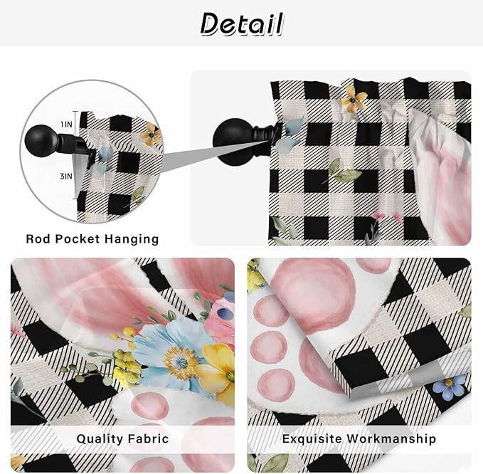 Easter Kitchen Curtains 45 Inch Long 2 Panel Set, Rod Pocket Window Treatment, Spring Rabbits Ears Feet Wildflowers Black Plaid Light Filtering Short Curtains & Drapes for Bathroom Laundry 52"W x 45"L