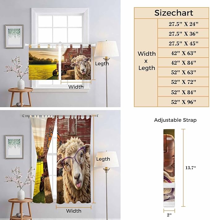 Farm Sheep Living Room Curtains 96 Inch Length, Window Curtains Tab Top, Farmhouse Barn Funny Animals Butterfly Light Filtering Window Treatments Drapes 52"x96" 2 Panel