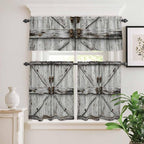 Kitchen Curtains Tiers and Valance Set of 3, Vintage Gate Light Filtering Window Curtain Set, Farmhouse Wooden Grain Shabby Chic Door Rod Pocket Curtain Drapes for Cafe, Living Room, 24 Inches Tiers