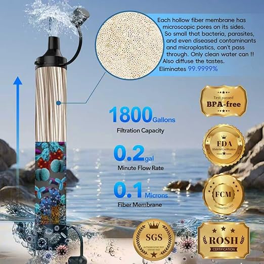 Emergency Water Filter Straw, Personal Survival Water Filtration System, Water Purifier, Outdoor Survival Gear and Equipment for Hiking Camping Accessories Cycling Fishing Preparedness (3PCS)