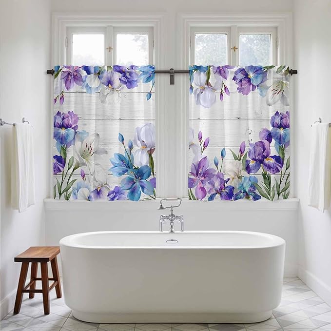 Spring Flowers Kitchen Curtains, Watercolor Garden Florals Wooden Grain Light Filtering Window Curtain Panels, 2Pcs Rod Pocket Window Treatments Set for Cabin Bathroom Bedroom 52x45 Inches