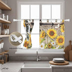 Retro Farmhouse Flower Kitchen Curtains 36 Inch Length, Small Window Curtains Tab Top, Yellow Sunflowers Cow Barn Doors Brown Light Filtering Short Window Treatments Tier Drapes 27.5"x36" 2 Panel