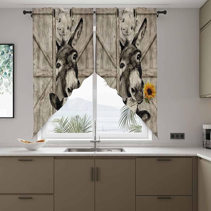 Funny Farm Animals Swag Valances for Windows, Vintage Barn Brown Sunflowers Rod Pocket Kitchen Curtains Valance, Small Window Curtains Swag for Cafe Bathroom Living Room, 2 Panels, 36x36 inch