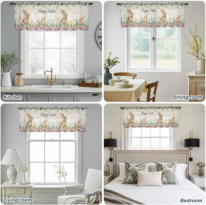 Easter Sheer Valances for Windows 54"x18", Light Filtering Kitchen Curtains Valance, Spring Watercolor Bunny Eggs Flower Leaf Beige Rod Pocket Chiffon Curtains for Living Room Bedroom Cafe