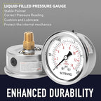 2-1/2" Dial Size, 0-200 Psi Pressure Gauge, Glycerin Liquid Filled, 1/4" NPT Back Mount, Stainless Steel Case, for Air Compressor, Shock, Water System, Well Pump, Tank, Pipe, Pressure Test