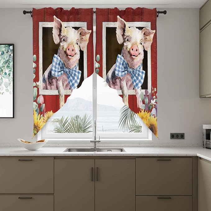Pig Sunflowers Swag Valances for Windows, Eucalyptus Leaves Floral Bees Red Barn Rod Pocket Kitchen Curtains Valance, Small Window Curtains Swag for Cafe Bathroom Living Room, 2 Panels, 28x36 inch