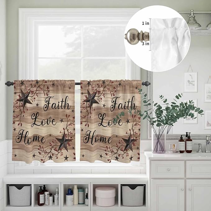 Kitchen Curtains Tiers and Valance Set of 3, Farmhouse Star Brown Light Filtering Window Curtain Set, Retro Branches Berry Wooden Grain Rod Pocket Curtain Drapes for Cafe, Living Room, 36 Inches Tiers