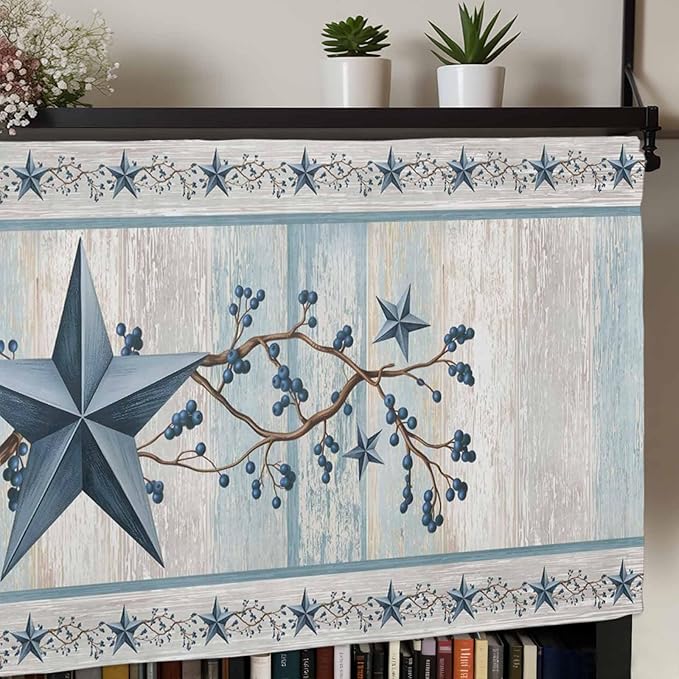 Texas Star Blue Curtain Valances for Windows, Kitchen Valance Window Treatment, Farmhouse Country Branches Wooden Grain Light Filtering Block Curtains for Bathroom/Bedroom/Living Room 60'' x 18''