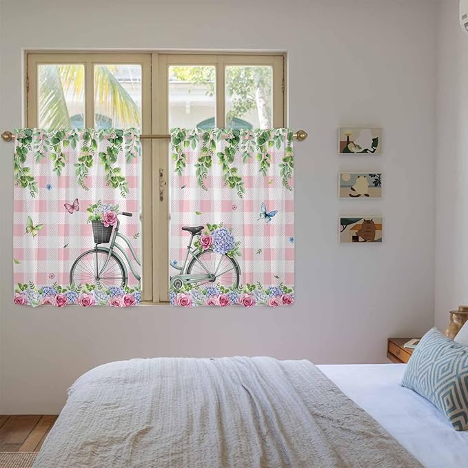 Spring Kitchen Curtains, Bicycles Leaves Butterfly Flowers Pink Buffalo Plaid Light Filtering Window Curtain Panels, 2Pcs Rod Pocket Window Treatments Set for Cabin Bathroom Bedroom 52x45 Inches