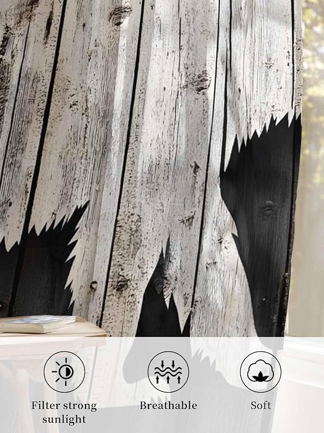 Sheer Curtains 45 Inch Length, White Brown Bear Semi Sheer Curtains Light Filtering Window Treatment, Farmhouse Country Rustic Wooden Grain Privacy Voile Drapes for Living Room Bedroom 52x45 Inch