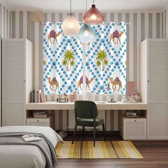 2 Panel Kitchen Cafe Curtains, Camels Palm Trees Sunlight Filtering Nature Air Through, Home Decor Window Covering Tier Curtains for Living Room 80W x 63L inch Tropical Desert Animal Plants Polka Dot