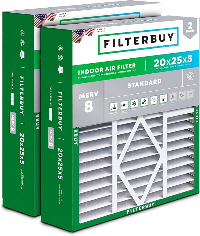 Filterbuy 20x25x5 Air Filter MERV 8 Essential Dust & Allergy Defense (2-Pack), Pleated HVAC AC Furnace Filters for Amana, Coleman, Goodman, Maytag, York, and More (Actual Size: 20.19 x 25.31 x 5.25)