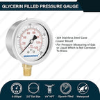 MEASUREMAN 2-1/2inch Dial Size, Liquid Filled Pressure Gauge, 0-200psi/kpa, 304 Stainless Steel Case, 1/4 inchNPT Lower Mount