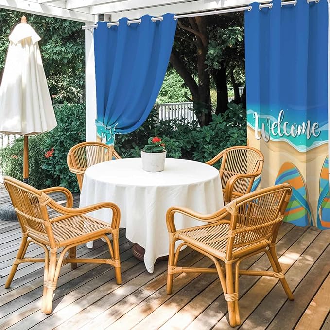 Summer Outdoor Curtains for Patio Beach Slippers Plumeria Waterproof Outside Curtains with Grommet Top Weatherproof Curtain for Cabana Pergola Gazebo, 2 Pack, 54" W x 108" L