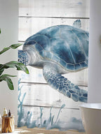 Sheer Curtains 108 Inches Long, Ocean Sea Turtle Semi Sheer Curtains Light Filtering Window Treatment, Coastal Seaweed Vintage Wood Grain Privacy Voile Drapes for Living Room Bedroom 52x108 Inch