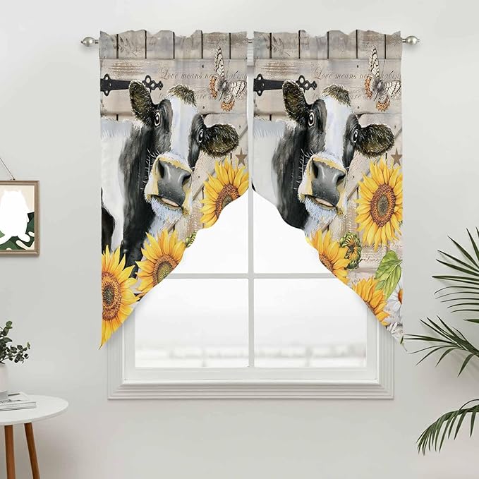 Yellow Sunflowers Swag Valances for Windows, Farmhouse Cow Barn Doors Floral Butterfly Rod Pocket Kitchen Curtains Valance, Kitchen Window Curtains Swag for Cafe Living Room, 2 Panels, 36x45 inch