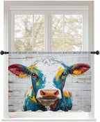 Sheer Curtains 45 Inch Length, Rustic Cow Semi Sheer Curtains Light Filtering Window Treatment, Vintage Colorful Animals Art Wooden Grain Privacy Voile Drapes for Living Room Bedroom 52x45 Inch