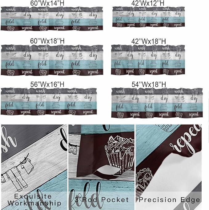Laundry Rules Valances for Windows, Retro Blue White Wood Board Grain Kitchen Valance Light Filtering Rod Pocket Short Curtains for Kitchen Bathroom, 1 Panel, 54"x18"