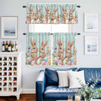 Easter Kitchen Curtains Set 3 Piece for Windows, Rod Pocket Valance and Tier Set 36 Inch Length, Spring Rabbit Colorful Eggs Flowers Wooden Grain Light Filtering Cafe Curtains for Living Room Bathroom
