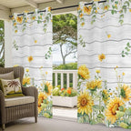 Sunflowers Outdoor Curtains for Patio Summer Floral Eucalyptus Leaf Wood Plank Waterproof Outside Curtains with Grommet Top Weatherproof Curtain for Cabana Pergola Gazebo, 2 Pack, 54" W x 108" L