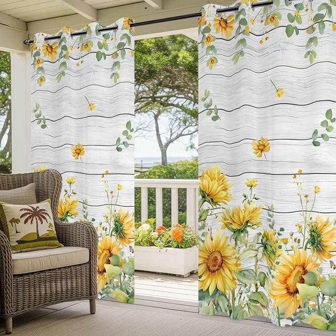 Sunflowers Outdoor Curtains for Patio Summer Floral Eucalyptus Leaf Wood Plank Waterproof Outside Curtains with Grommet Top Weatherproof Curtain for Cabana Pergola Gazebo, 2 Pack, 54" W x 95" L