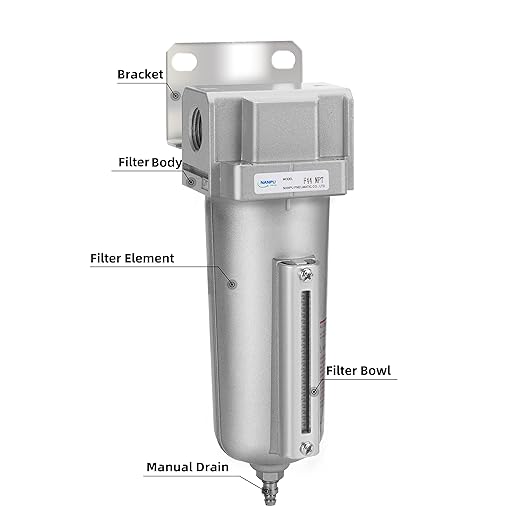 NANPU Industrial Grade Heavy Duty Particulate Filter, Metal Bowl, Suitable for Paint Spray (1/2" NPT, Manual Drain)