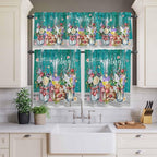 Spring Flowers Kitchen Curtain Set, Farmhouse Watercolor Teal Wood Grain Window Valance and Tiers 24" Length, Light Filtering Short Curtains Valance for Cafe Bathroom Bedroom 54"x18"