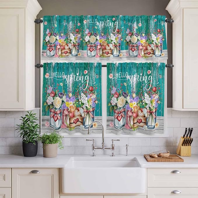 Spring Flowers Kitchen Curtain Set, Farmhouse Watercolor Teal Wood Grain Window Valance and Tiers 24" Length, Light Filtering Short Curtains Valance for Cafe Bathroom Bedroom 54"x18"